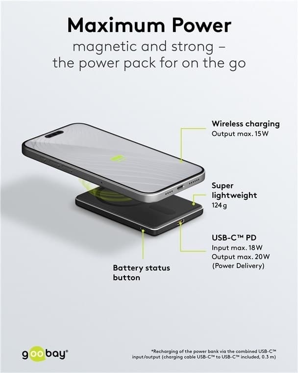Goobay Magnetisk trådlös powerbank 5.000 mAh fäster magnetiskt på baksidan av mobiltelefonen, perfekt för samtidig laddning och telefonering