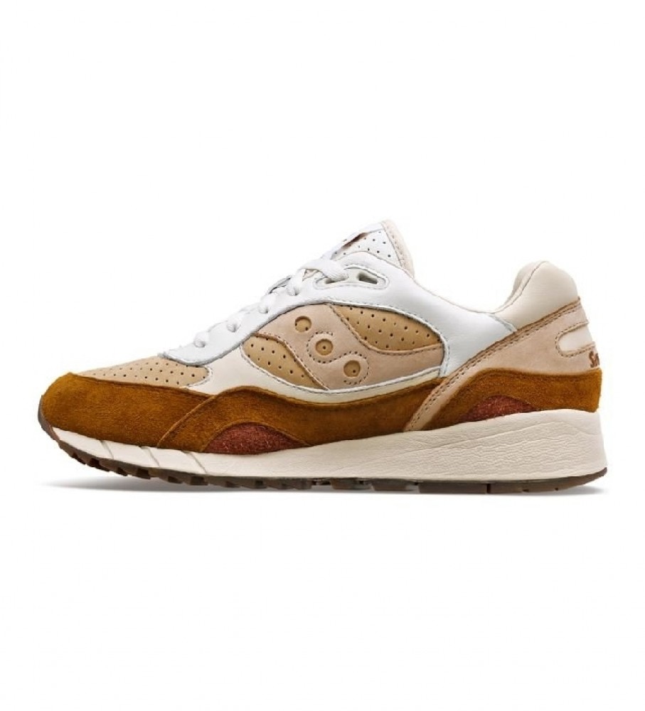 Tênis Saucony Shadow 6000 de couro, marrom e branco.