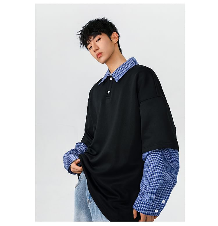 AXEN - Polo met verlaagde schouders en kraag, geruite, tweedelig sweatshirt