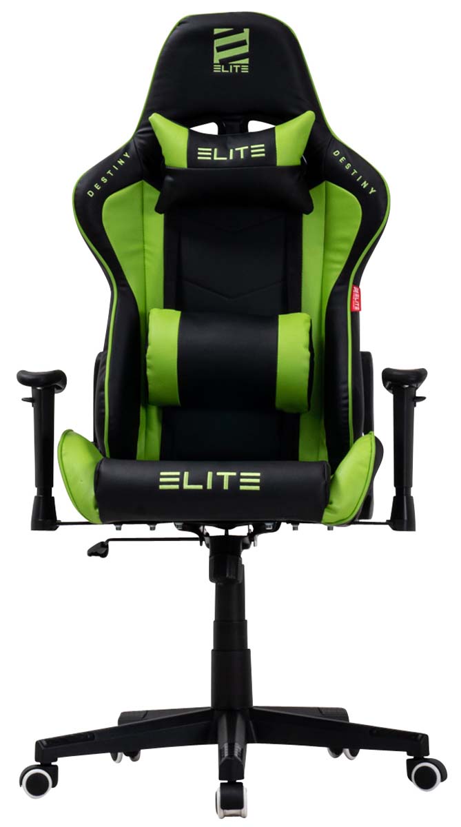 ELITE Gaming-Stuhl DESTINY, Rücken- und Nackenkissen, Wippmechanik, bis 170kg, Sitzhöhe 45-55, MG200 (Schwarz/Grün)