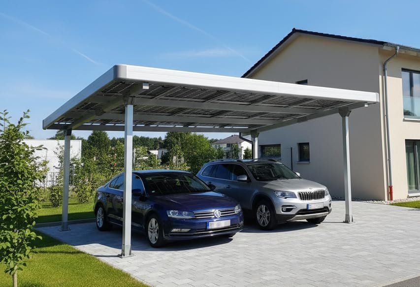 Doppelcarport Carport Gestell für 2 Autos mit Dachverkleidung + Regenrinne, Silber