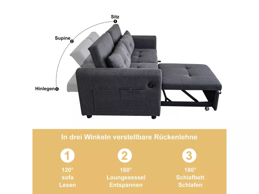 Canapé convertible 2 places en tissu lin avec dossier réglable et prise USB, canapé-lit - 142 x 85 x 83 cm - Fonction sommeil - Gris