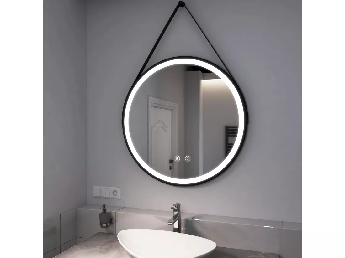 EMKE Miroir lumineux salle de bain rond diamètre 80cm cadre noir, Sangle réglable, Miroir LED avec Interrupteur Tactile, Anti-buée, Lumière Froide