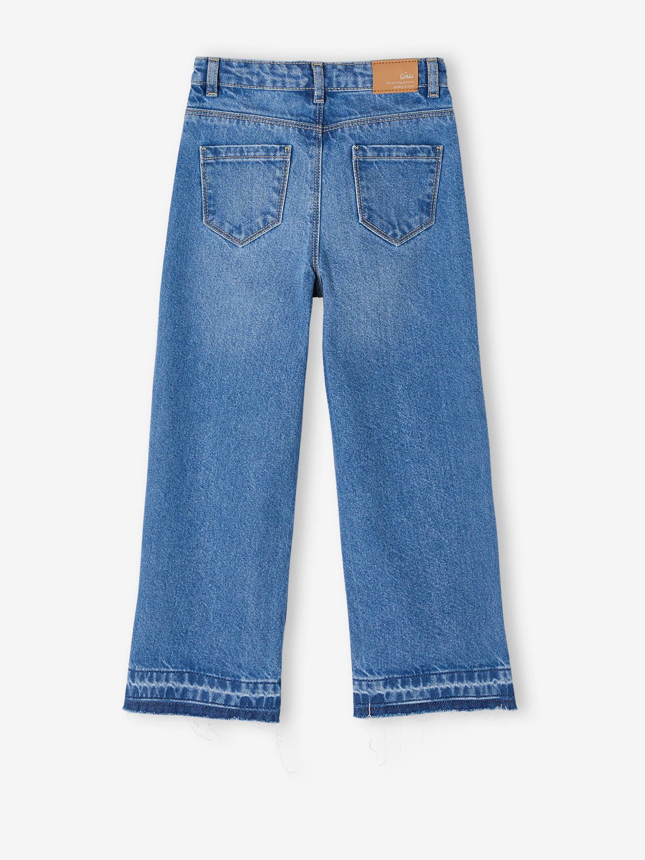 Calça jeans de perna larga com barra desfiada para meninas, jeans azul