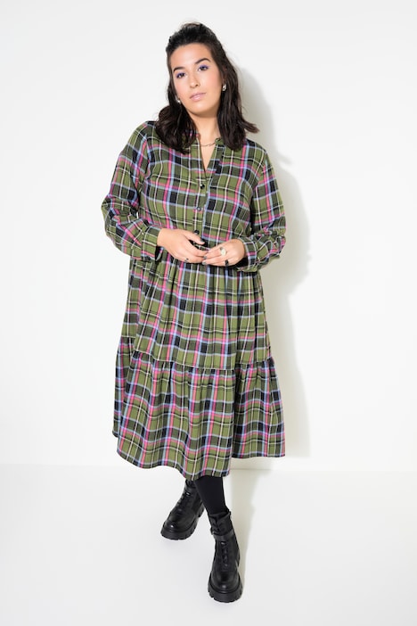Midi-Flanellkleid, Karo, Tunika-Ausschnitt, Langarm