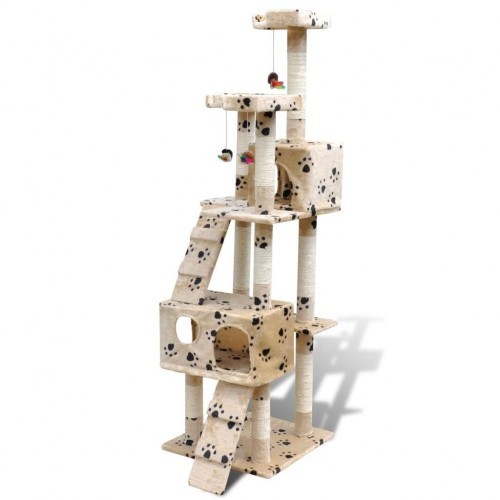 Arranhador e 2 casinhas para gatos, bege, com estampa de patas.