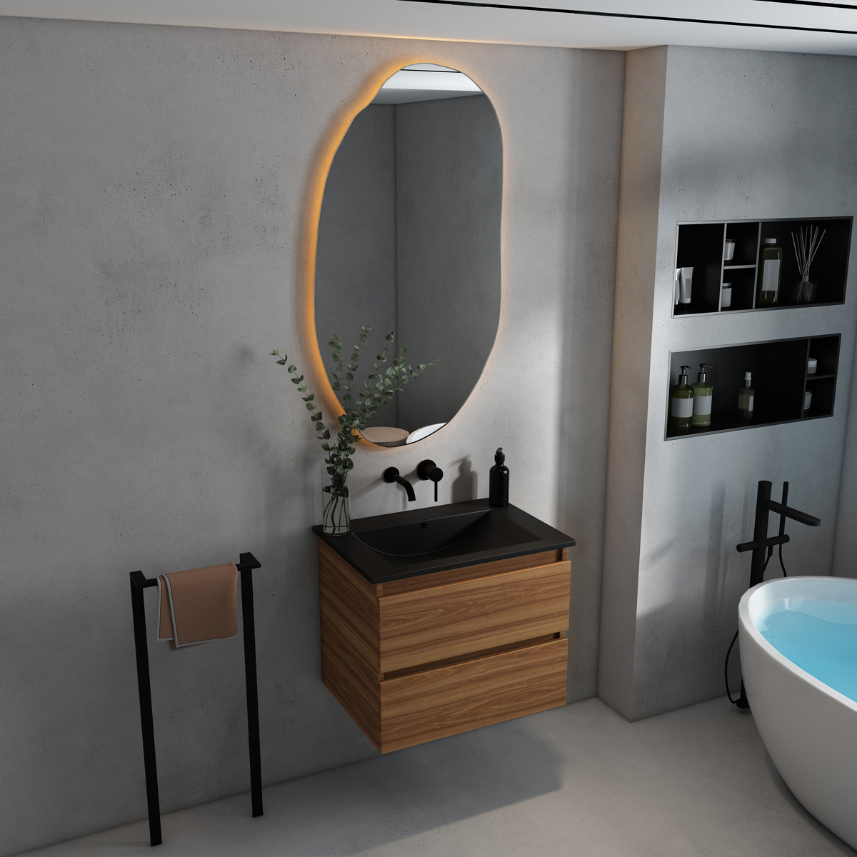 Fontana Rovigo badmeubel 60cm met zwarte wastafel zonder kraangat walnoot