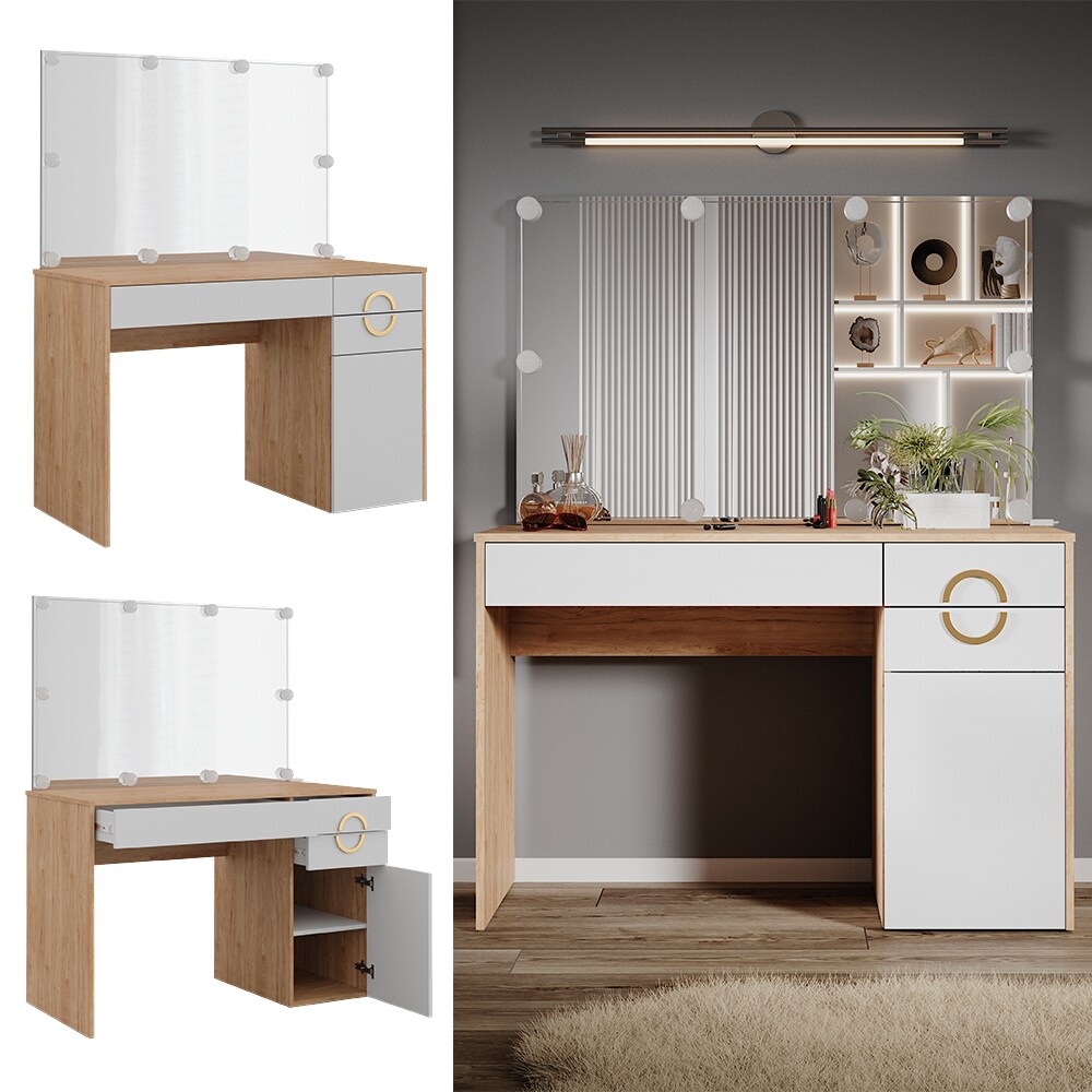 Vicco Schminktisch Adela Natural Rockford Hickory Weiß, 115 x 76 cm Spiegel, LED