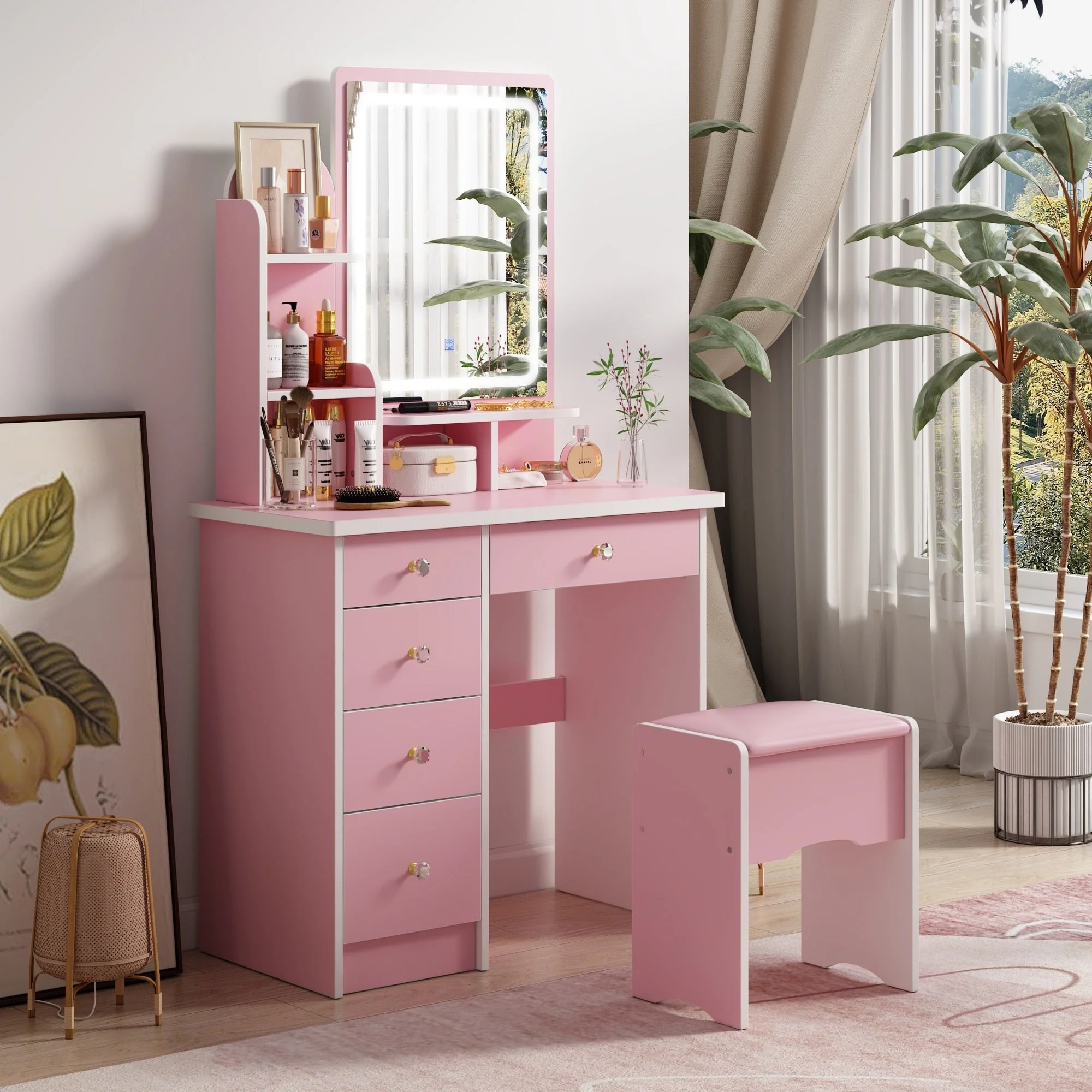 Makeup Vanity Set Table With LED Light &Mirror & Stool