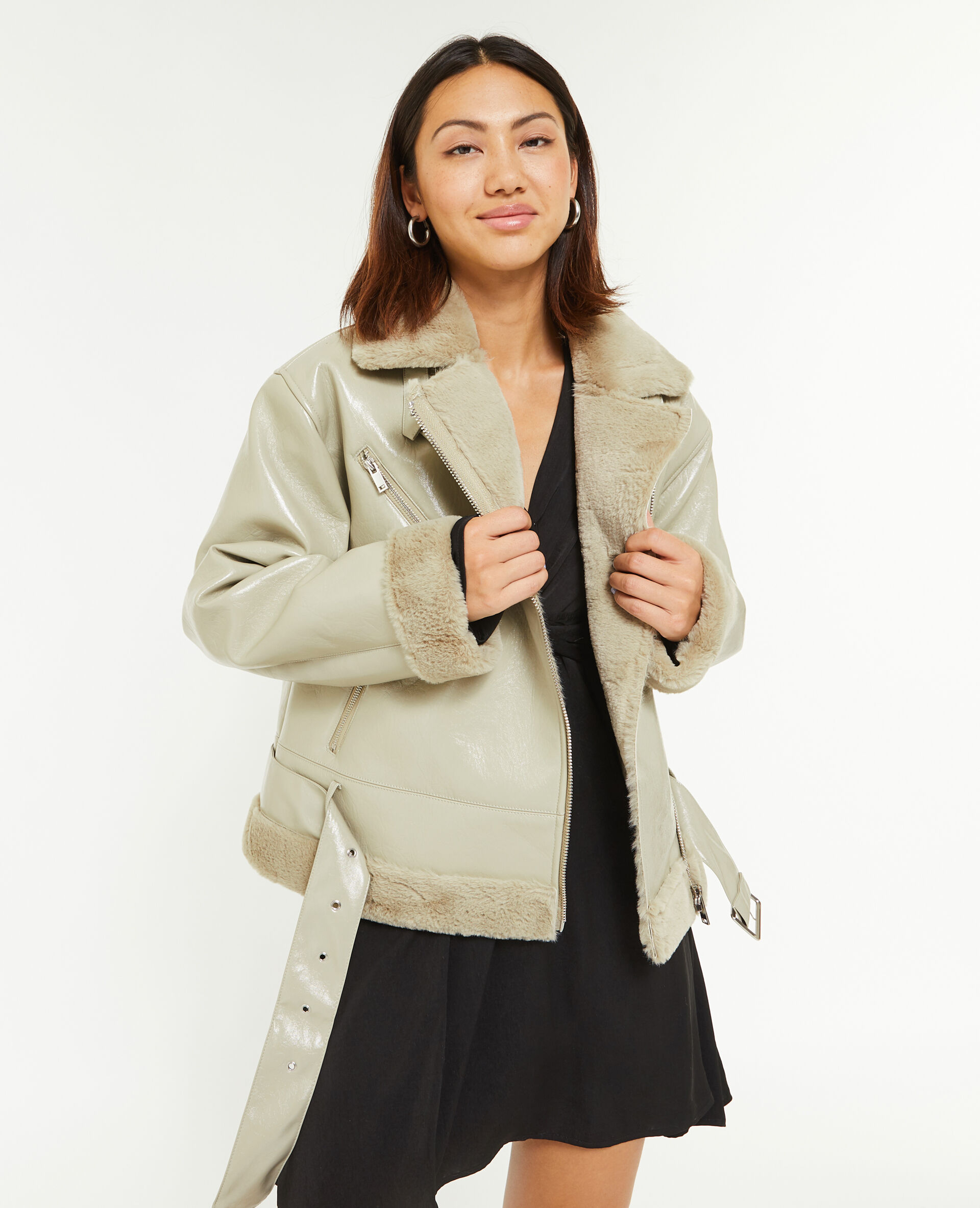 Blouson faux cuir avec doublure fourrure - Vert