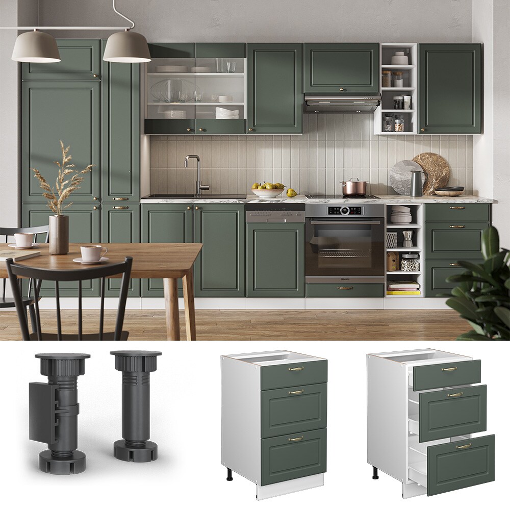 Vicco Schubunterschrank Küchenschrank Küchenmöbel Fame-Line Weiß Grün-Gold Landhaus 50 cm Küche Einbauküche Drehtür Blende Küchenzeile