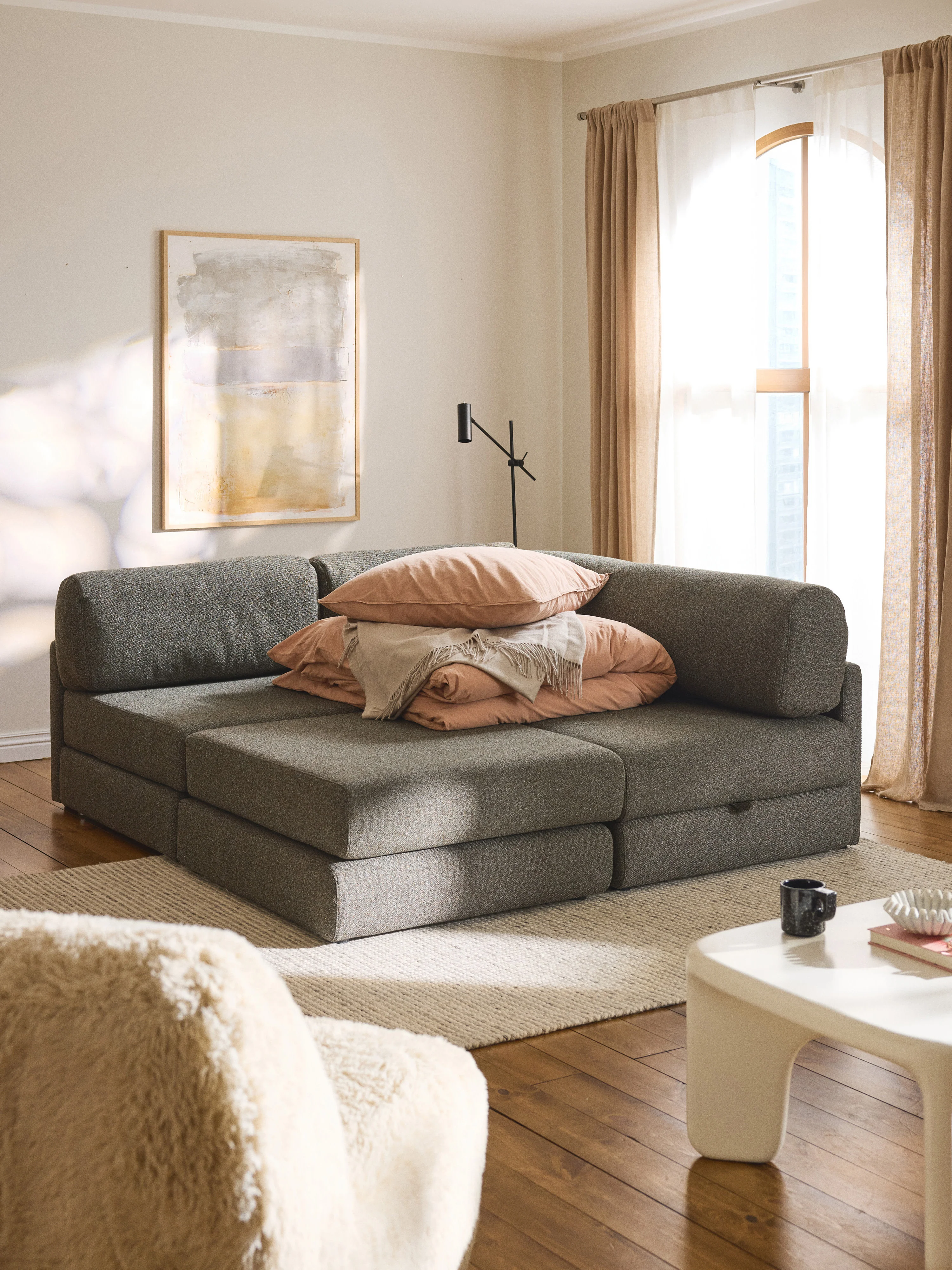 Bouclé hoekbankbed Ladina met opbergruimte