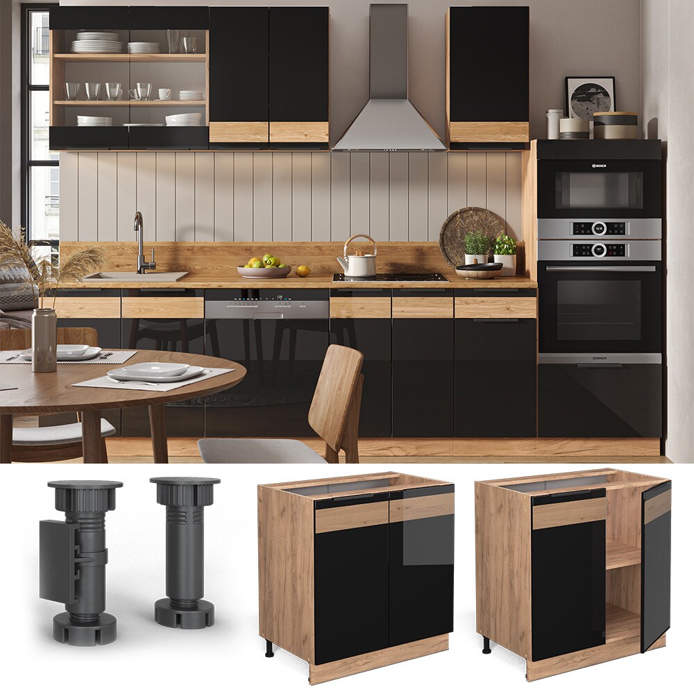 Vicco Unterschrank Küchenschrank Küchenmöbel Fame-Line Eiche Schwarz 80 cm modern Hochglanz
