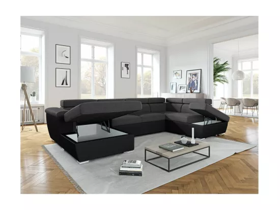 Canapé panoramique convertible avec 2 coffres Paola en tissu et simili - Gris/Noir - L320,5 x P188 x H76cm - Loungitude