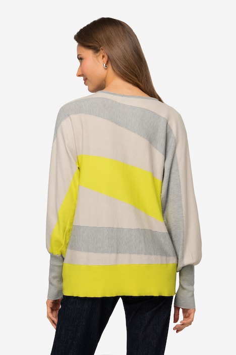 Pullover, asymmetrische Blockstreifen, Kimono-Passform, V-Ausschnitt, angarm