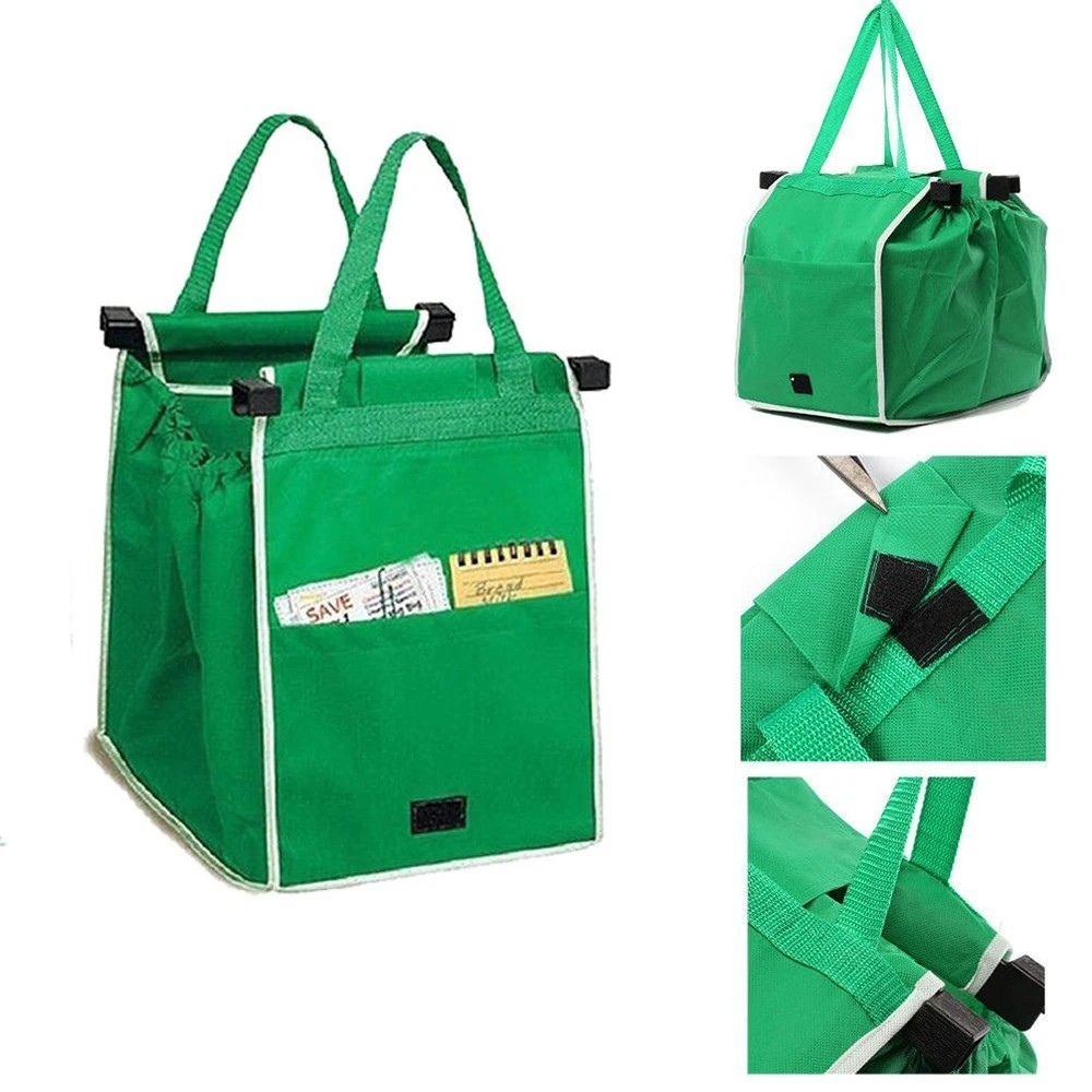 (25x30x35cm) Einkaufswagen Tasche Faltbare Shopping Bag  Aufbewahrungs Beutel mit Wagenhalterung - Grün