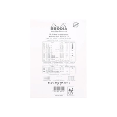 Rhodia - Bloc notes N°16 - A5 - 160 pages - petits carreaux - 80g - blanc
