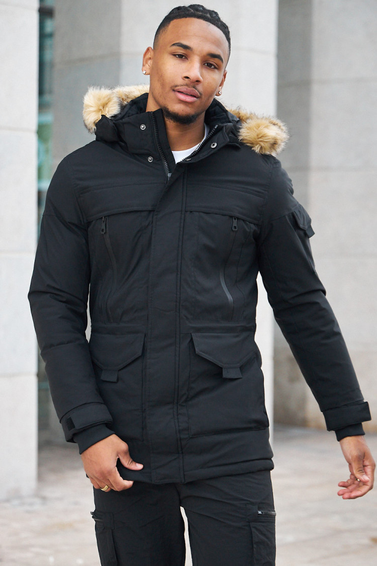 Parka bi-matière noire à capuche en fourrure