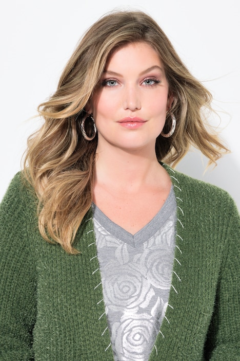 Strickjacke, extra lang, Ausschnitt mit Zierstich