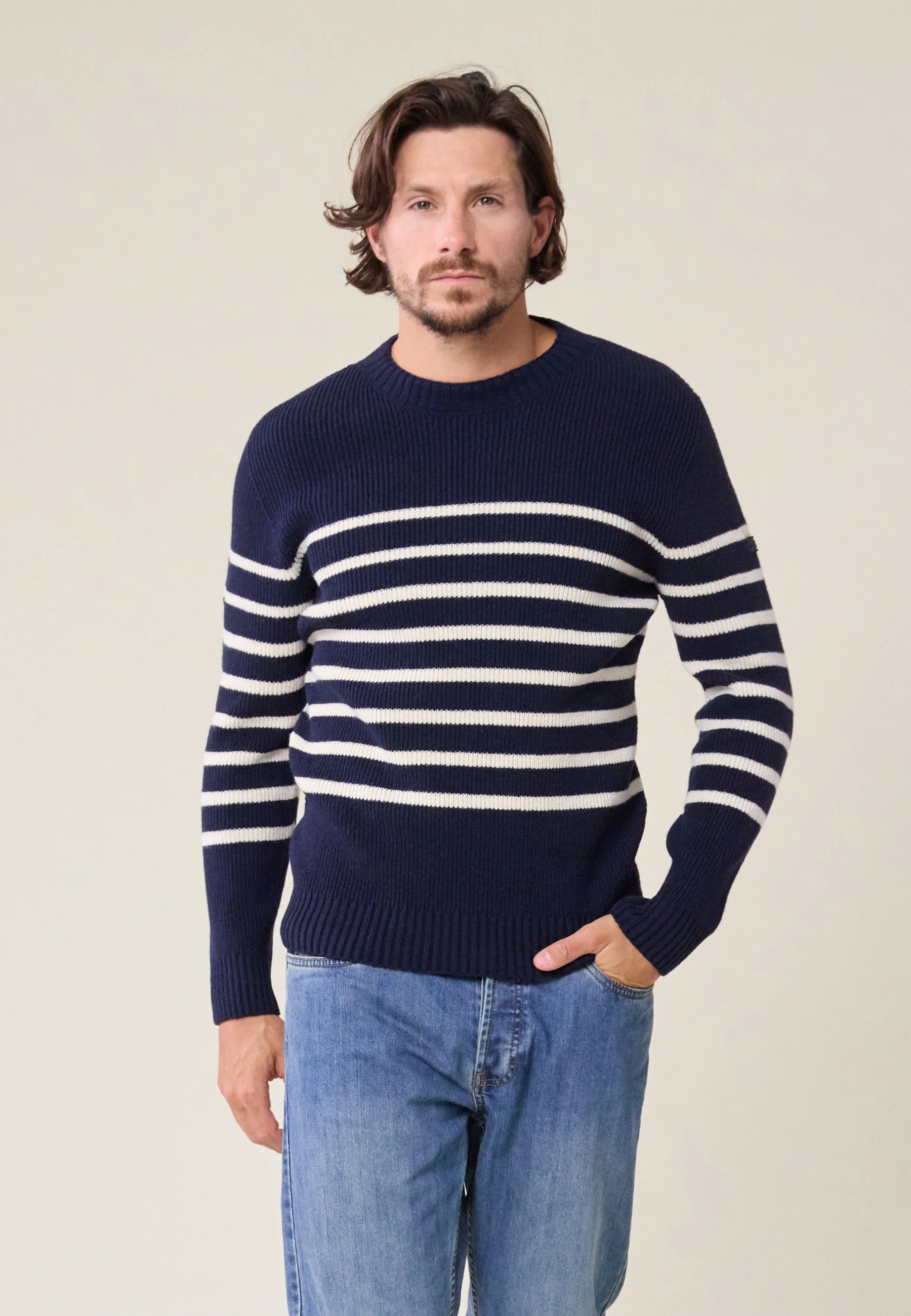 Pull Homme en laine Française-Louis Marinière Marine