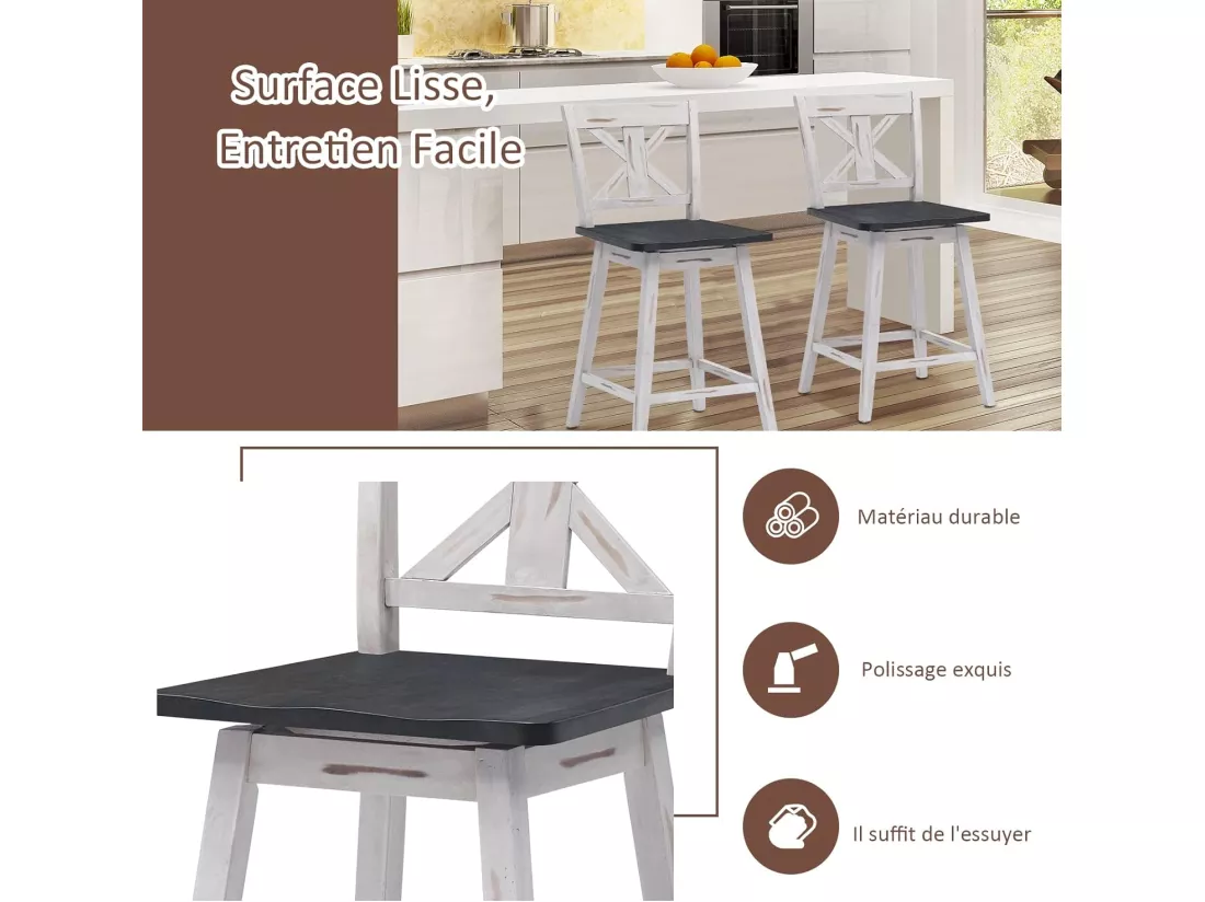 Lot de 2 tabourets de bar siège pivotant 360° avec repose-pieds antidérapants