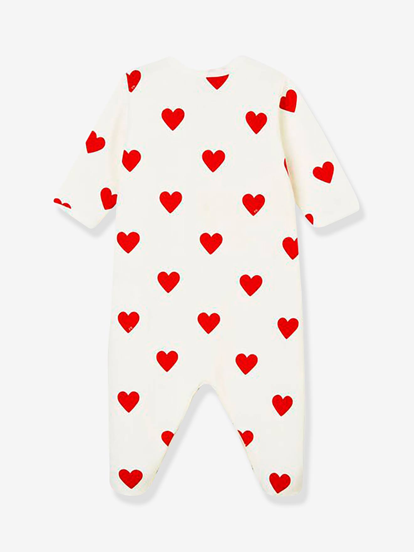 Macacão infantil com corações de pelúcia, Petit Bateau, estampa branca clara.