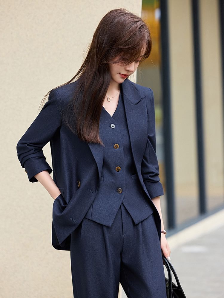 Skyheart - Peak Lapel Plain Double-Breasted Blazer / V-hals Single-Breasted Vest / Hoge Taille Loose Fit Pak Broek / Set