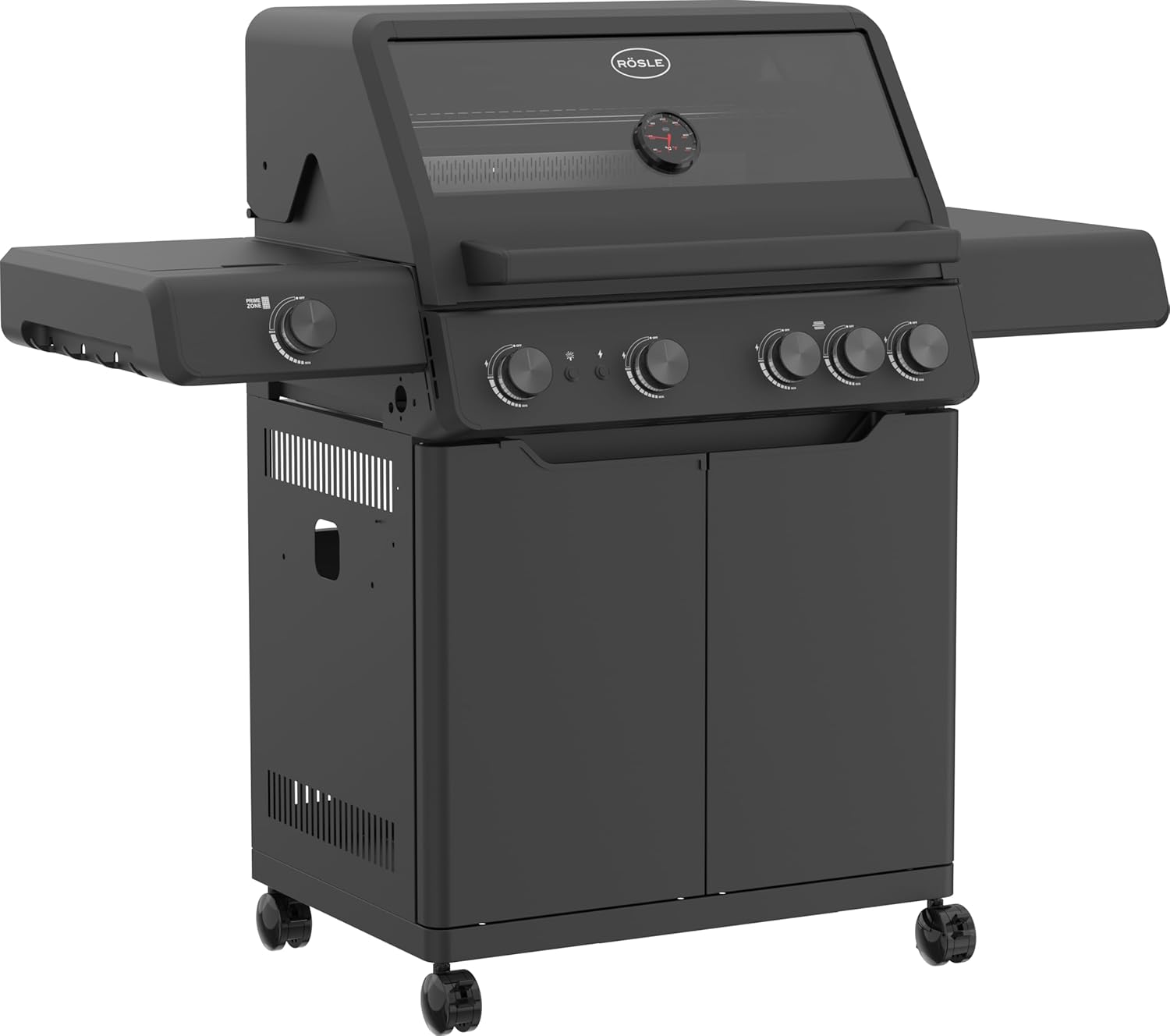 RÖSLE Gasgrill ALLFLAME Hero 4 – 4 Brenner (je 3,5 kW), PRIMEZONE, BACKBURNER, 70x45 cm Grillfläche, Gusseisenroste, Alu-Druckguss, Deckel mit Glaseinsatz, beleuchtete Drehknöpfe, schwarz