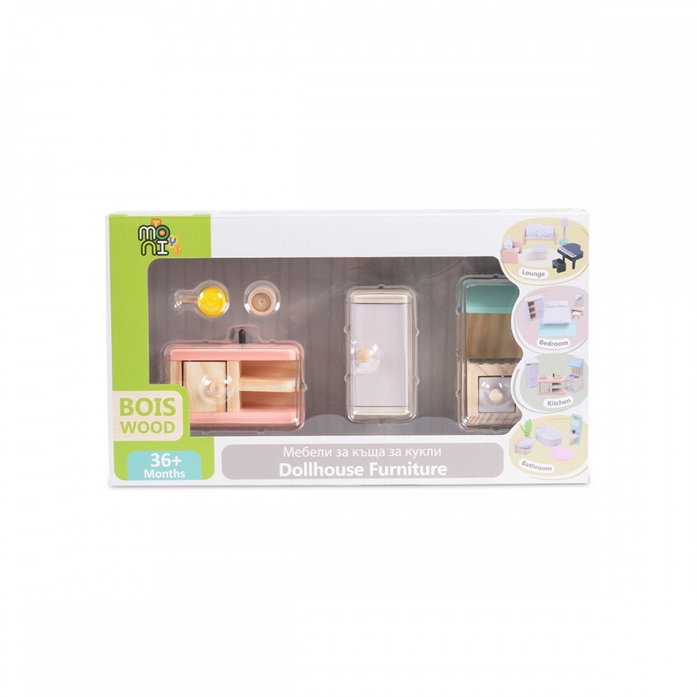 Moni Holz-Puppenmöbel Küche 4013 Möbelset Kühlschrank Herd Küchentheke Zubehör bunt