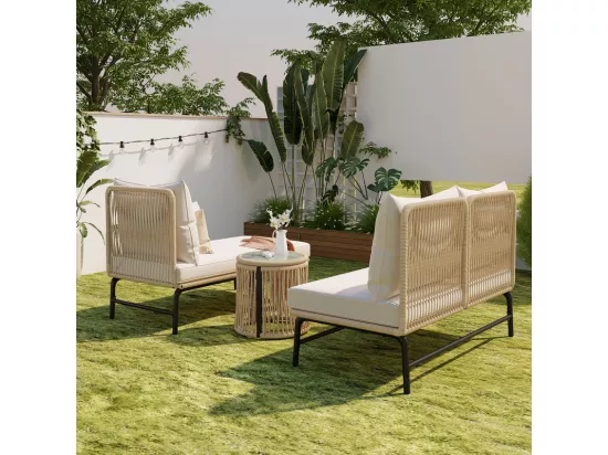 Salon de jardin 4 places - Canapé d'angle de jardin en Acier et Corde tressée - avec une table basse - Beige