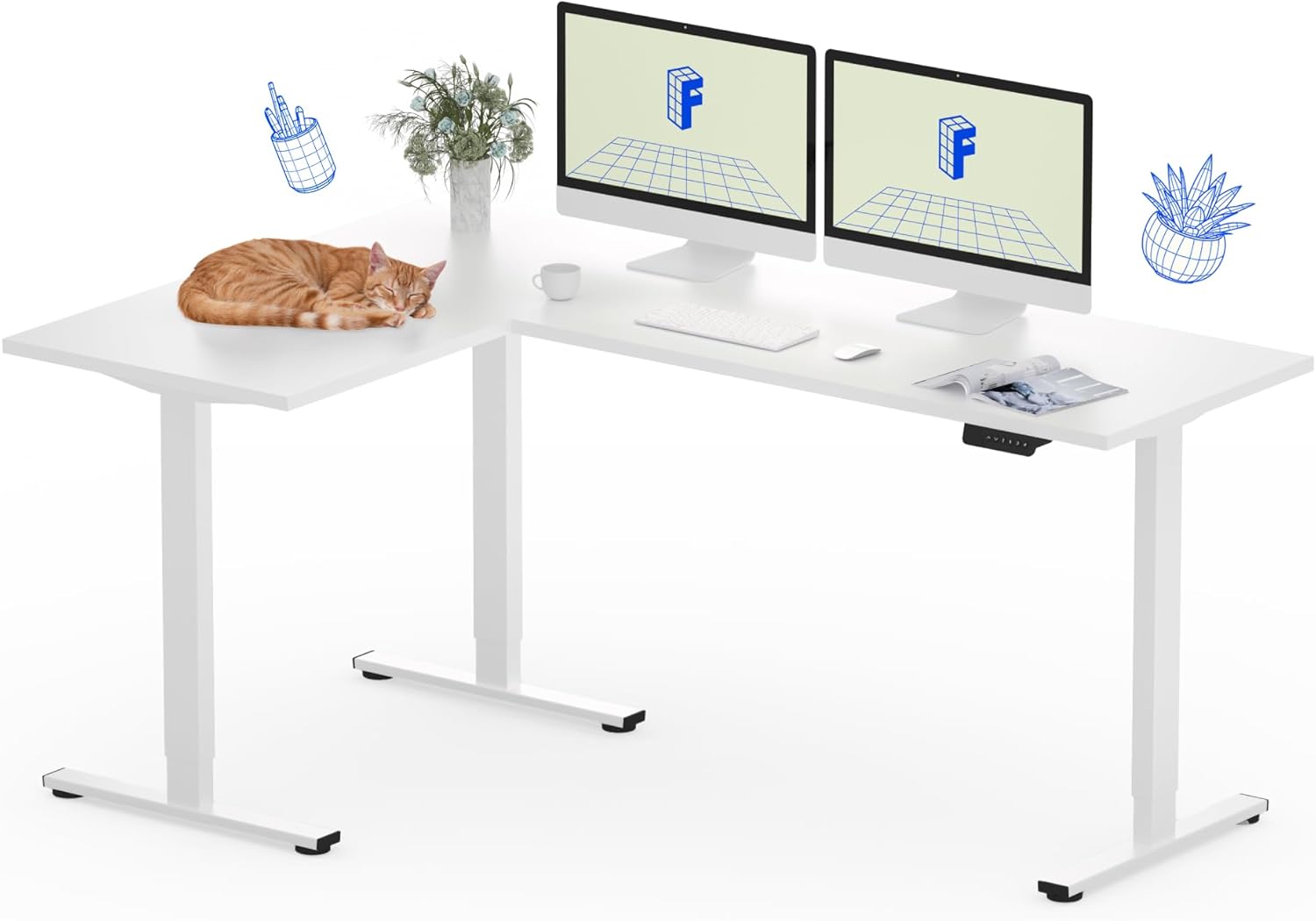 FLEXISPOT 180 * 120cm Höhenverstellbarer Schreibtisch Elektrisch, L-förmiger Eckschreibtisch mit 3 Beinen, Verstellbarer Schreibtisch mit 4 Speicher-Tasten (Weiß)