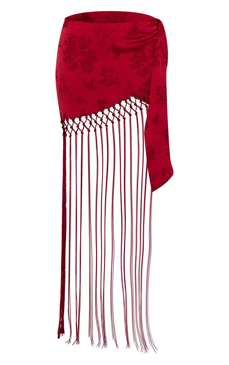 Rouge Mini-jupe Satinée À Franges Et Motif Floral