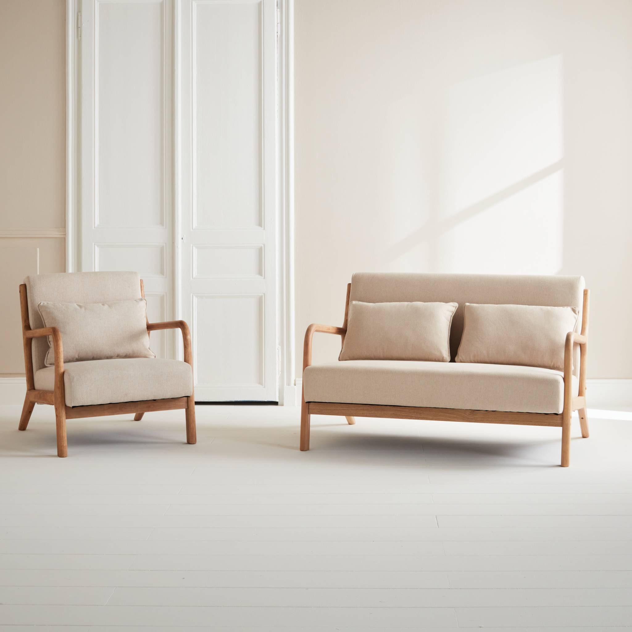 Banquette 2 places + fauteuil en bois et tissu beige