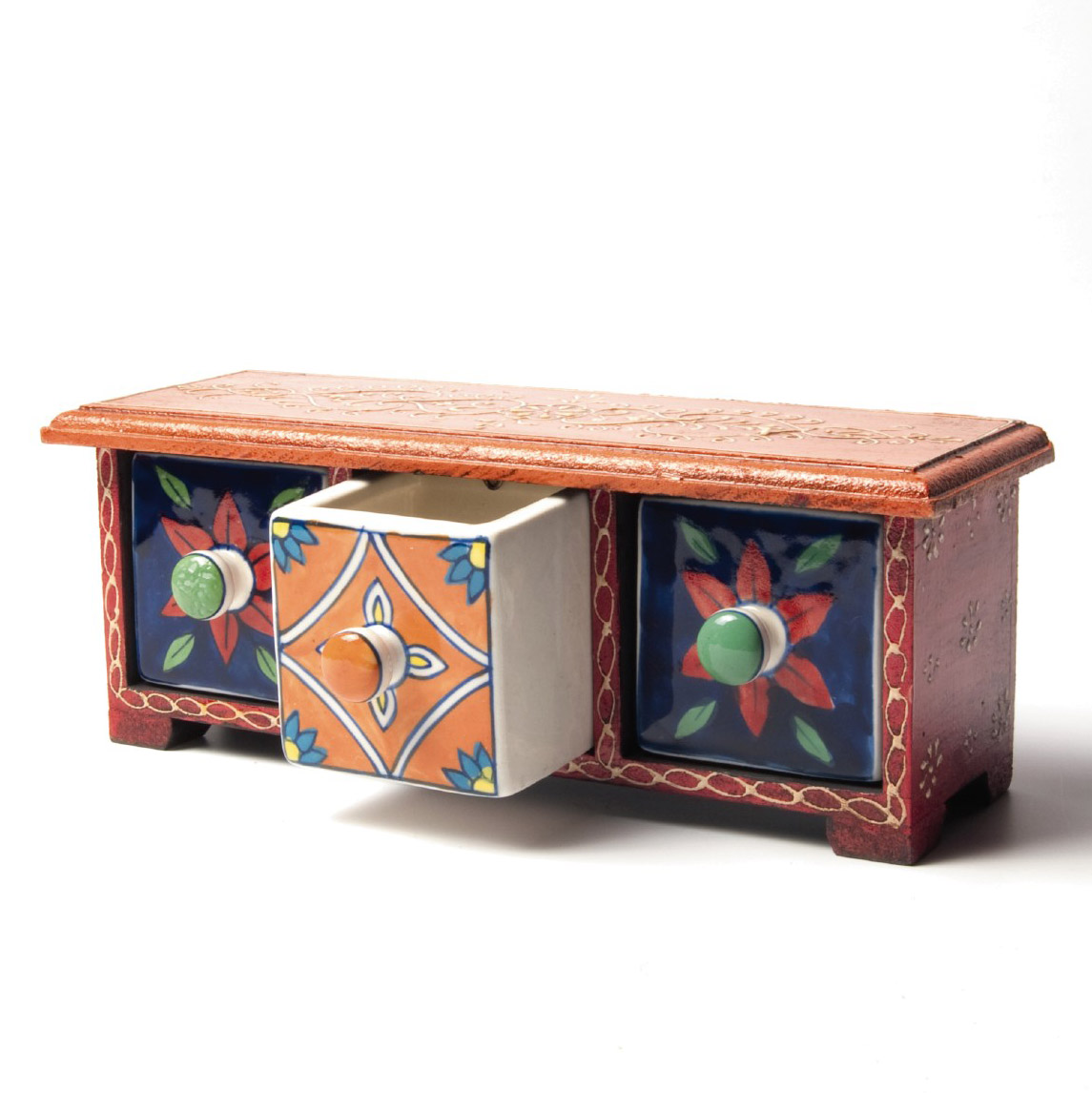 Schubladentruhe mit 3 Schubladen, orange/rot/blau, L 10 cm, B 30 cm, H 11 cm von fischer's lagerhaus