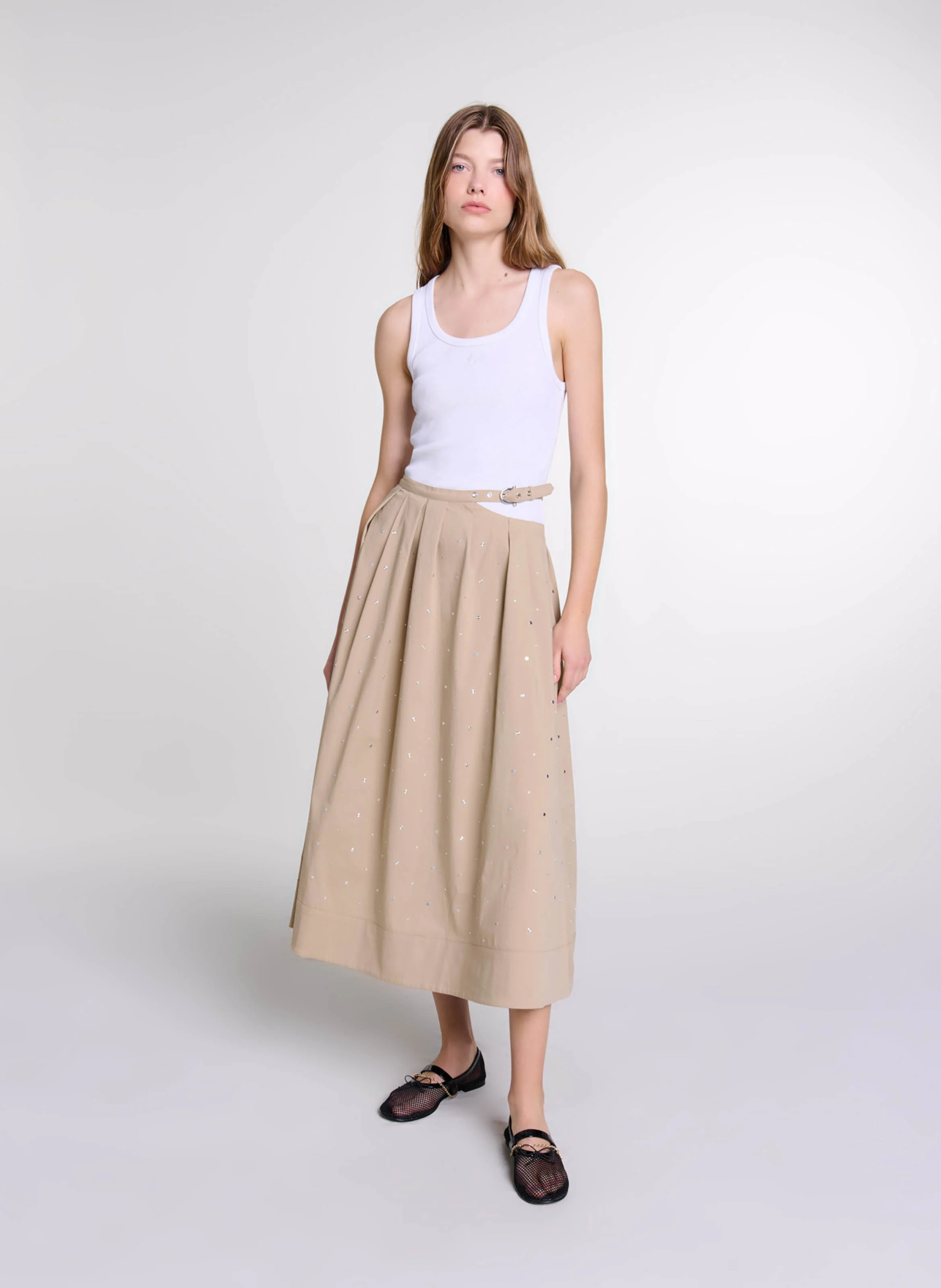 Jupe longue évasée en coton mélangé | Beige