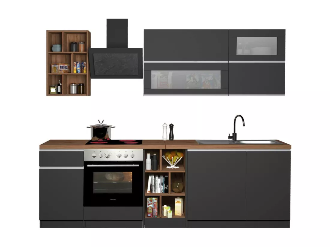 Cuisine complète Dcastill, Ensemble avec garde-manger, Meuble de kitchenette, Kit bloc linéaire, 100% Made in Italy, 255x60h85 cm, Anthracite et Chêne