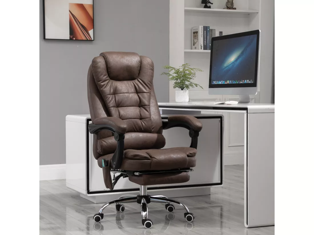 Fauteuil de bureau direction massant chauffant hauteur réglable dossier inclinable repose-pied rétractable tissu technique marron
