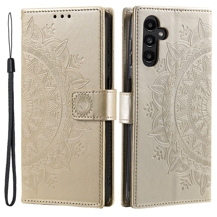 Samsung Galaxy A36 Leder Tasche Wallet - Mandala Flowers Imprint - Gold