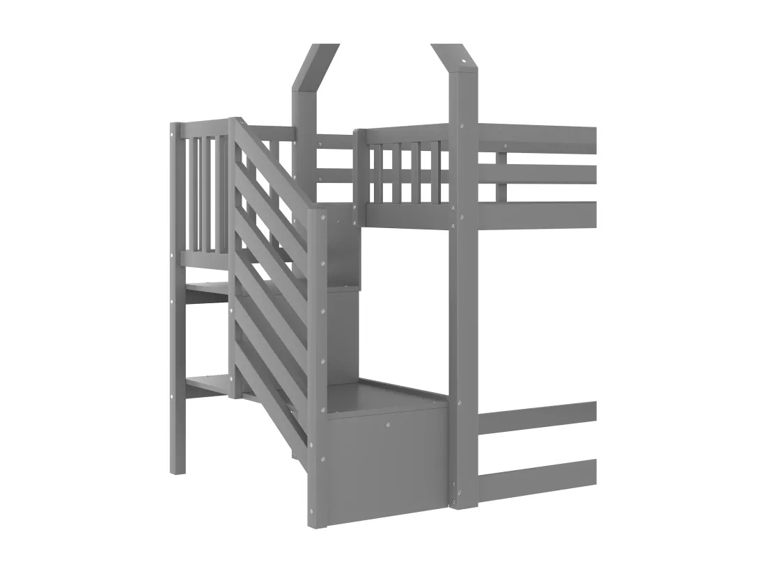 Lit superposé 90x200cm en bois - avec barrières + escalier de rangement + toboggan - Gris