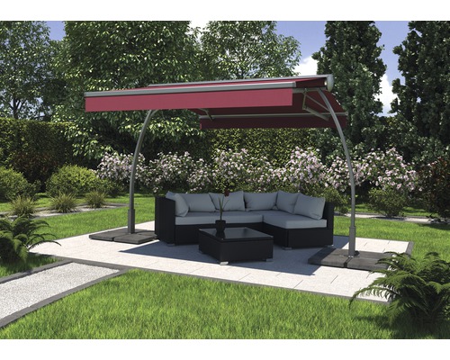 Vrijstaande zonnescherm Biella 3.95x3, effen bordeaux doek, frame RAL 7022 umbragrijs, inclusief motor en LED-verlichting
