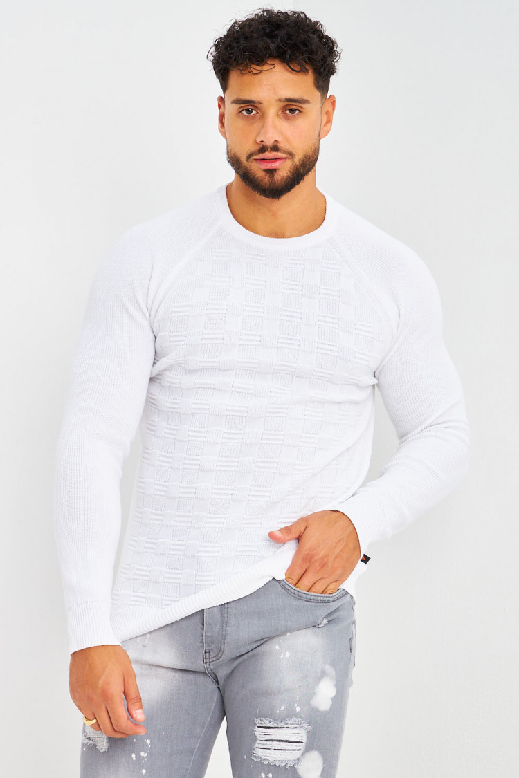 Pull en maille blanc effet quadrillé en relief