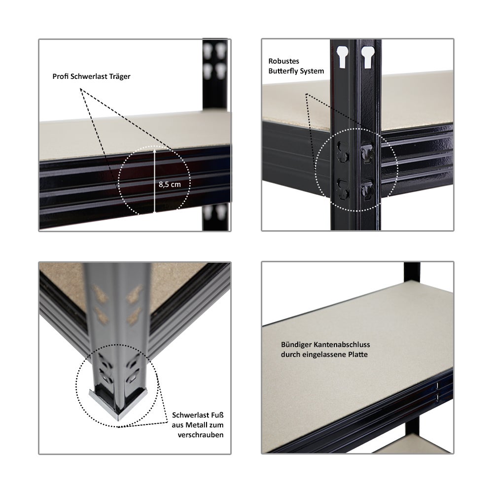 PROREGAL Professionele Heavy-Duty Stellingkast Rhino HxBxD 180 x 200 x 60 cm 4 Spaanplaat Planken 8mm Plank Draagvermogen 500 kg Zwart