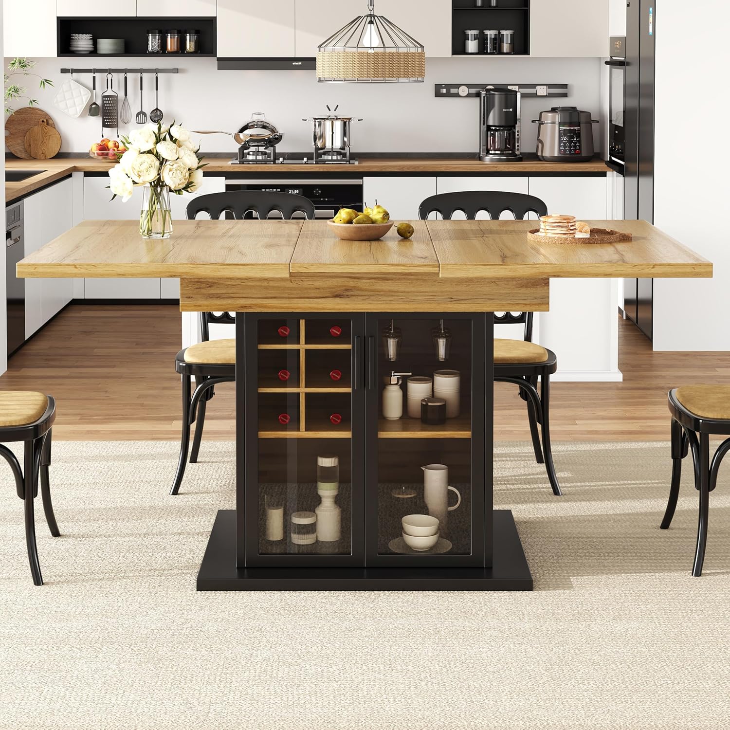 Esstisch Ausziehbar(110-140 * 80cm), Teleskoptisch für 4-6 Personen, Esstisch mit Stauraum, Esszimmertische mit Weinregal und Braune Glastür für Küche und Wohnzimmer, Schwarz（Keine Stühle）