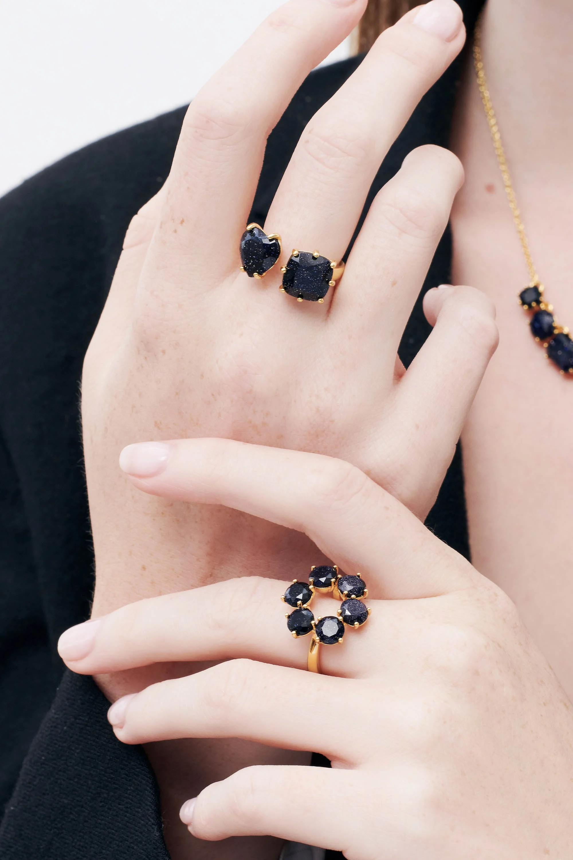 Bague ajustable toi et moi pierres cœur et carré la diamantine bleu nuit pailleté | Bleu