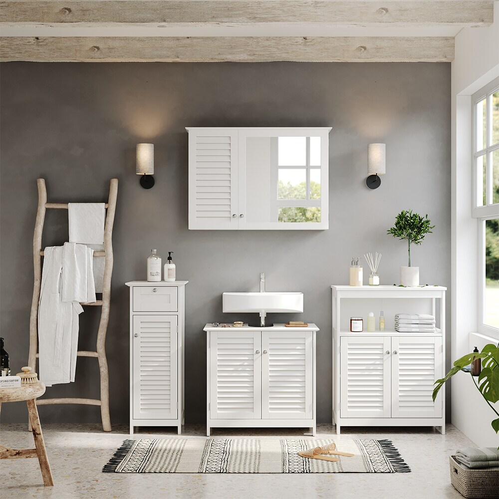 Vicco Badmöbel-Set Riad, Weiß, Badezimmer, moderne Badserie, Lamellen-Front, Waschtischunterschrank, Spiegelschrank, Midischrank, Sideboard