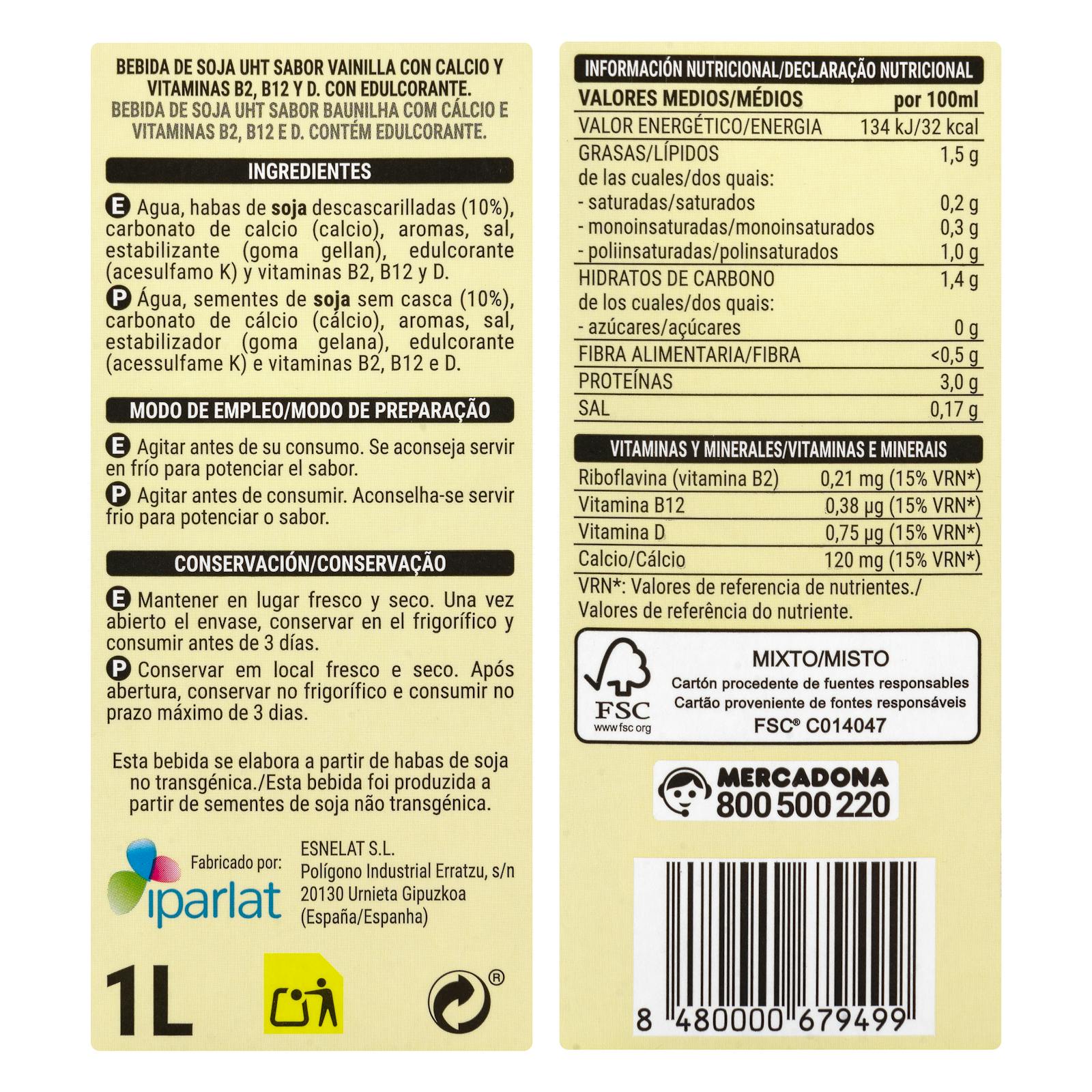 Boisson de soja à la vanille Hacendado 0% de sucre
