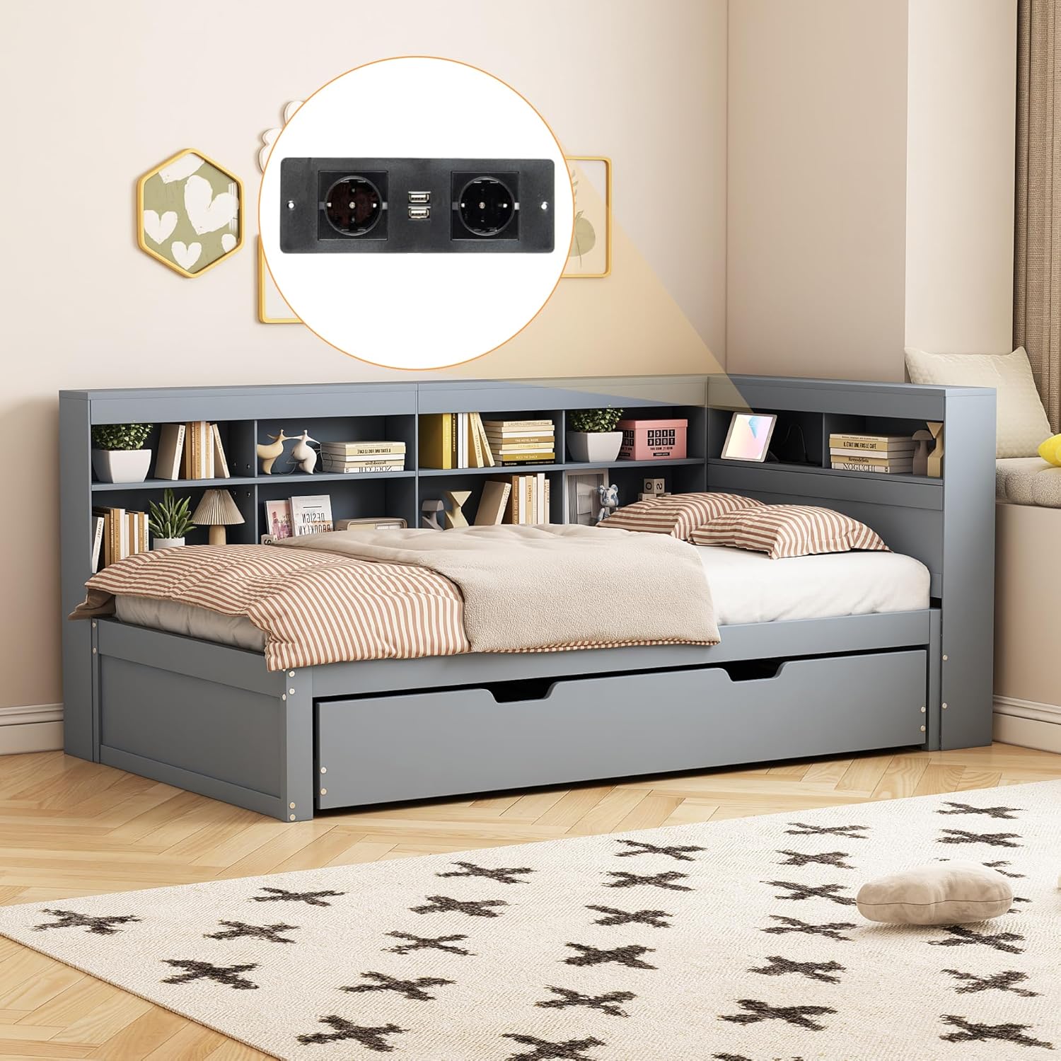 Schlafsofa 90x200, Ausziehbares Bett 90x190 mit USB-Steckdose und Mehreren Ablagefächern, Massivholzbett, Einzelbett, Holz-Multifunktionsbett (Grau)