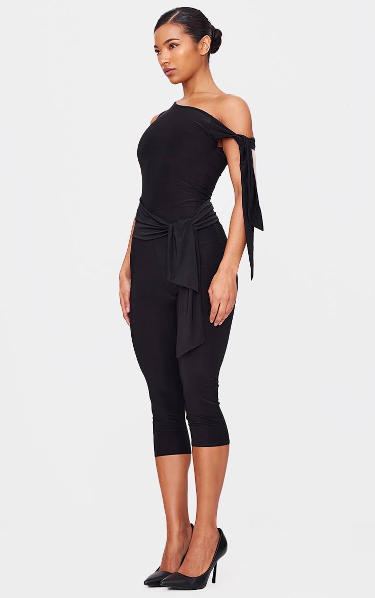 Noir Combinaison Capri En Tissu Soyeux Double Couche Avec Détail Noué