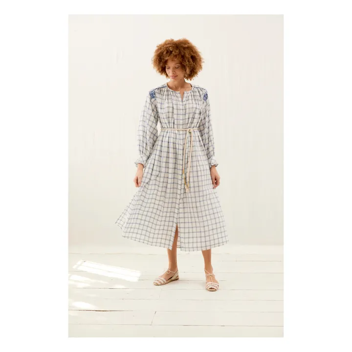 Louise Misha Robe Deepali Carreaux Coton Bio et Lin - Collection Femme | Bleu