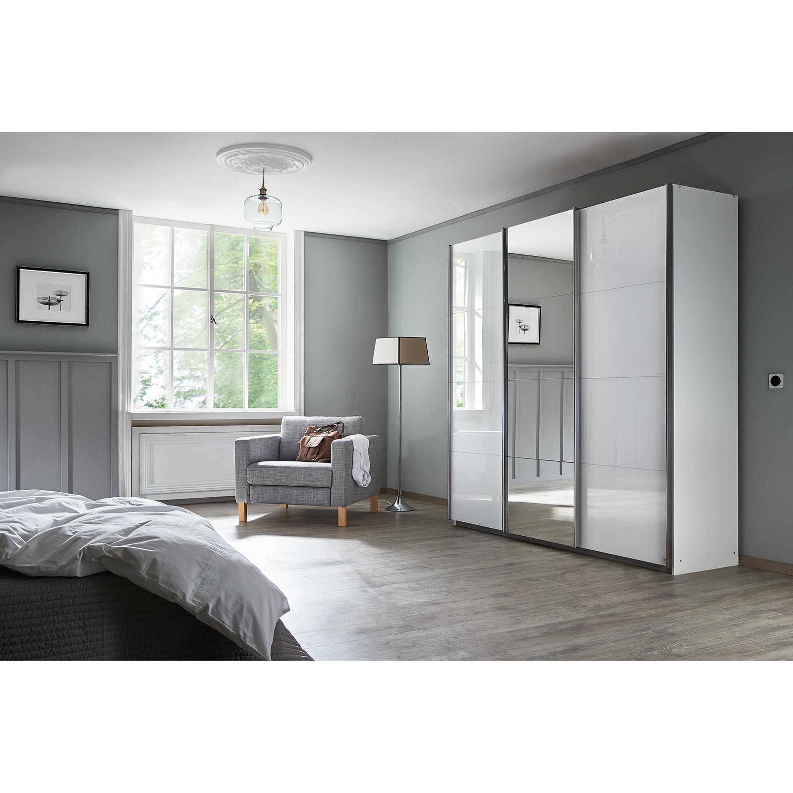 Schwebetürenschrank - alpinweiß - mit Spiegel - 2 Glastüren - 203x210 cm